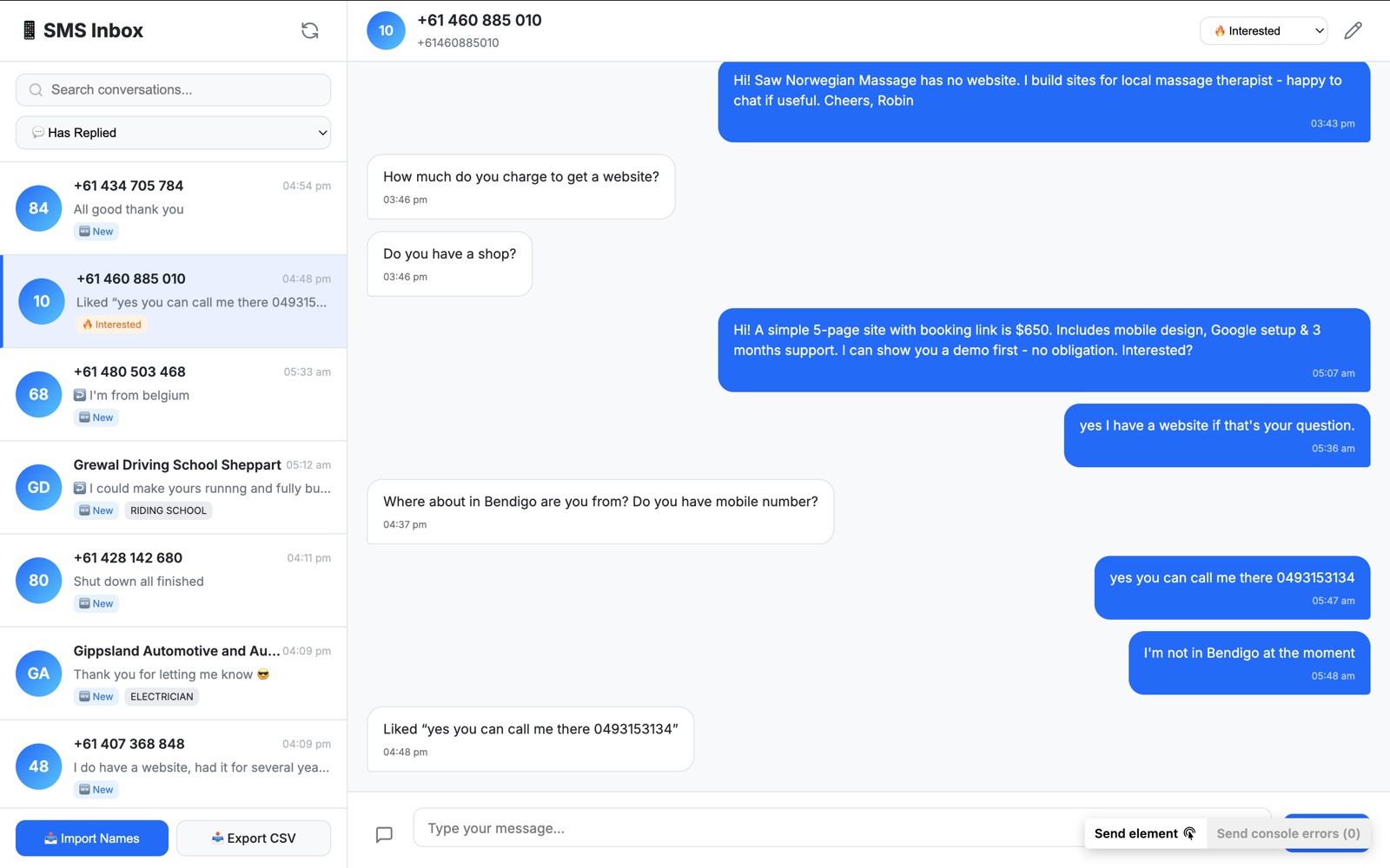 SMSHub messaging interface showing a real-time SMS conversation thread